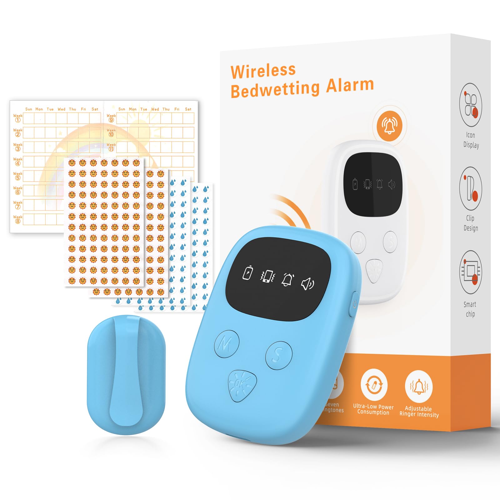 Wireless Bedwetting Alarm for Kids with 7 Melodies, 3 Modes, Progress Card