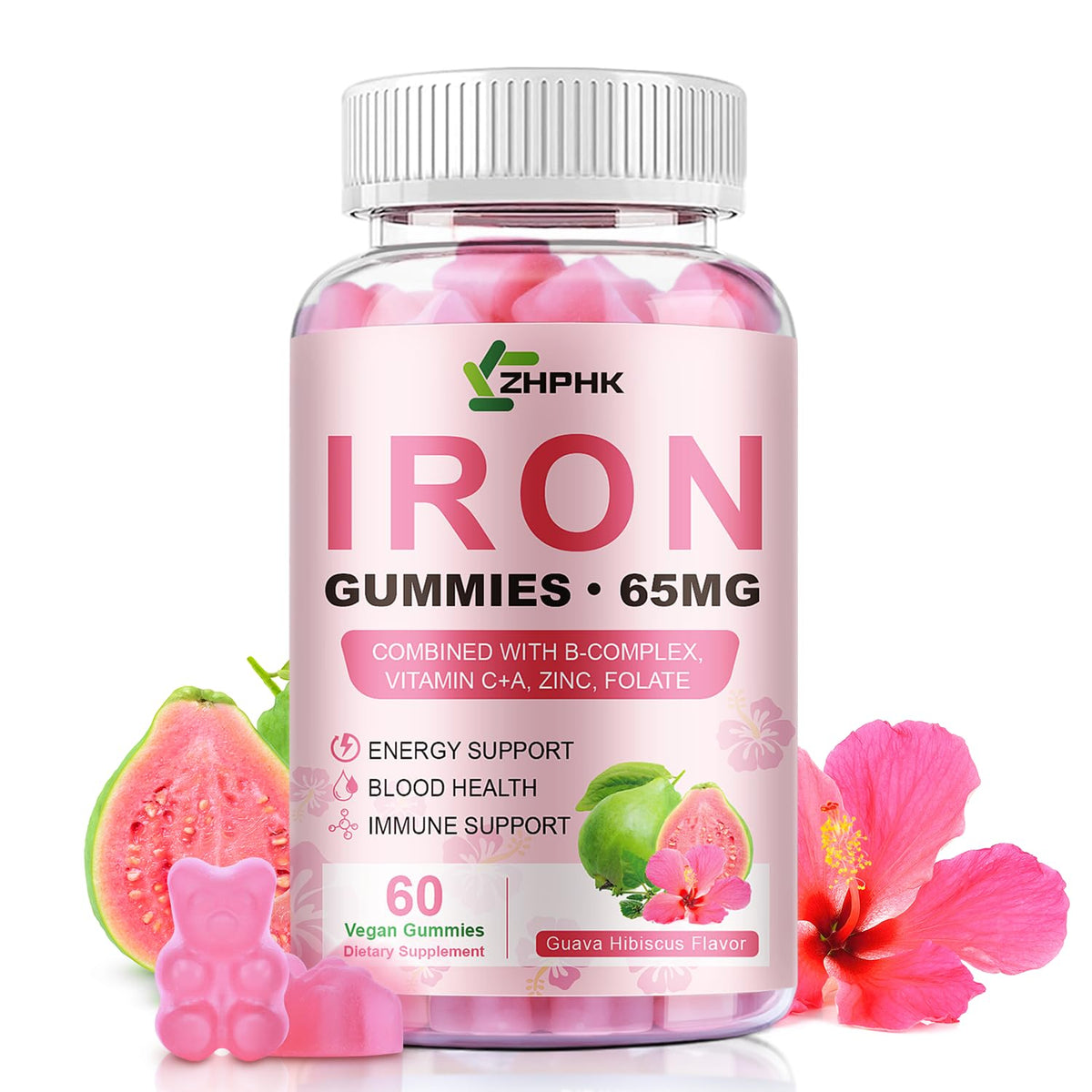 ZHPHK Iron Gummies – 65mg Iron with Folate, Gluten-Free Vegan