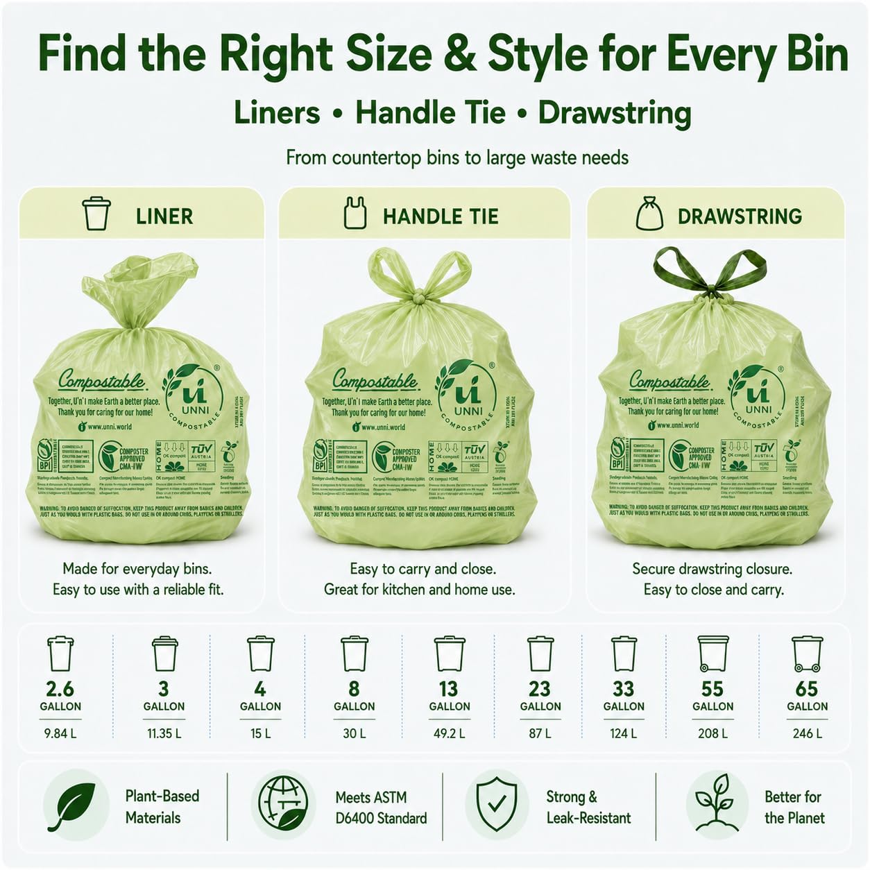 Unni Compostable Trash Bags - Extra Thick Liners


