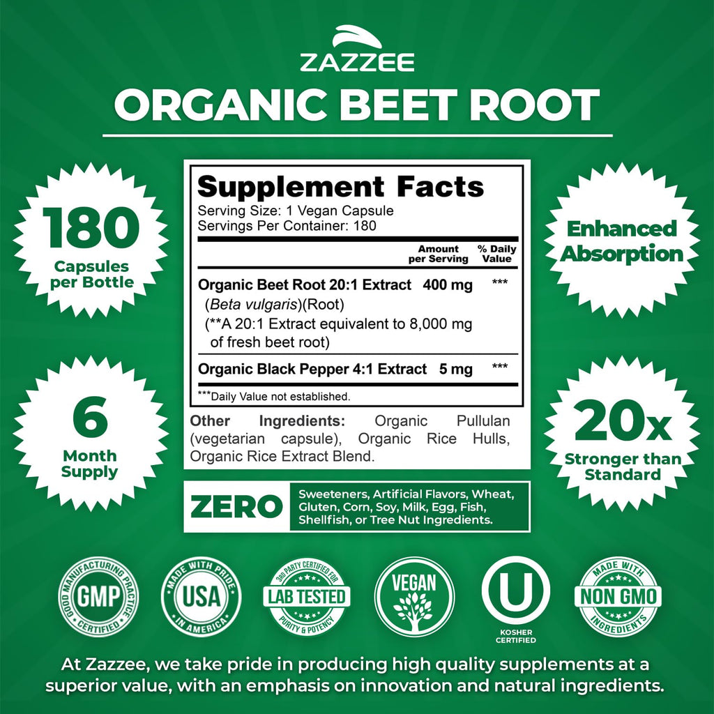 Zazzee USDA Organic Beet Root Extract 20:1 Capsules

