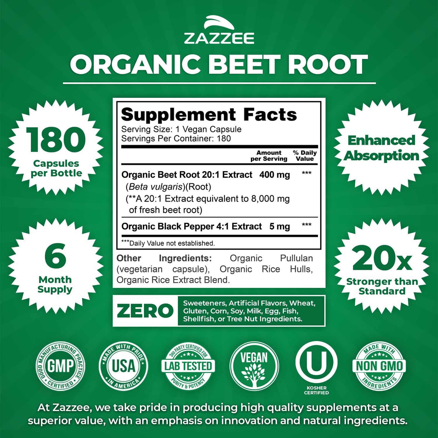 Zazzee USDA Organic Beet Root Extract 20:1 Capsules

