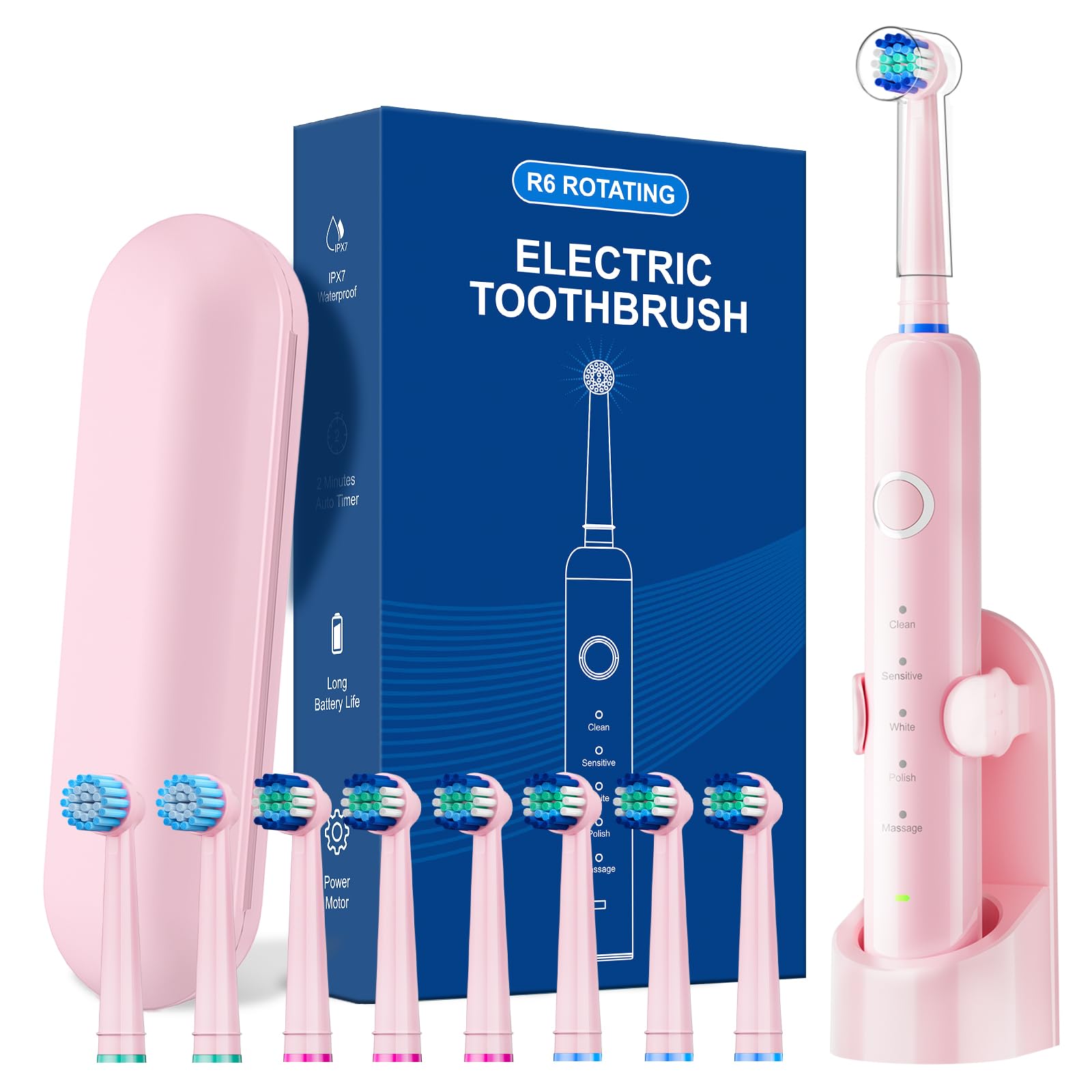 Rotating Electric Toothbrush for Adults with 8 Heads, Travel Case, 2-Min Timer, 5 Modes