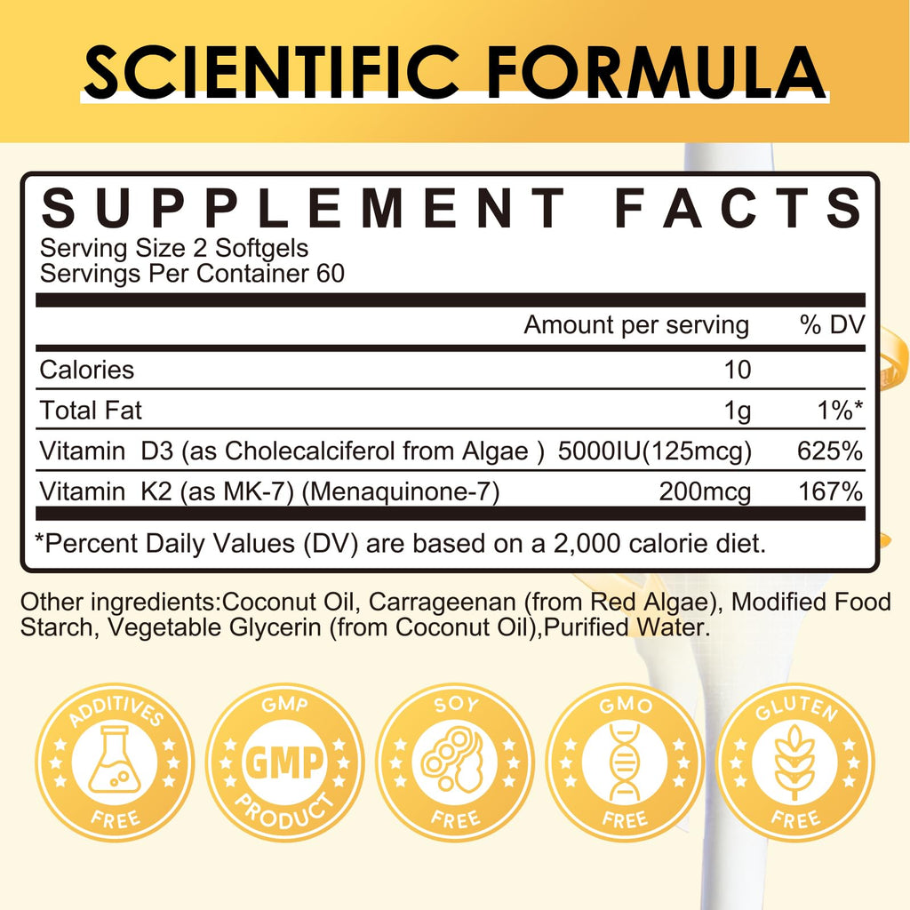 Vitamin D3 K2 Softgel Supplement 5000 IU Plant Based

