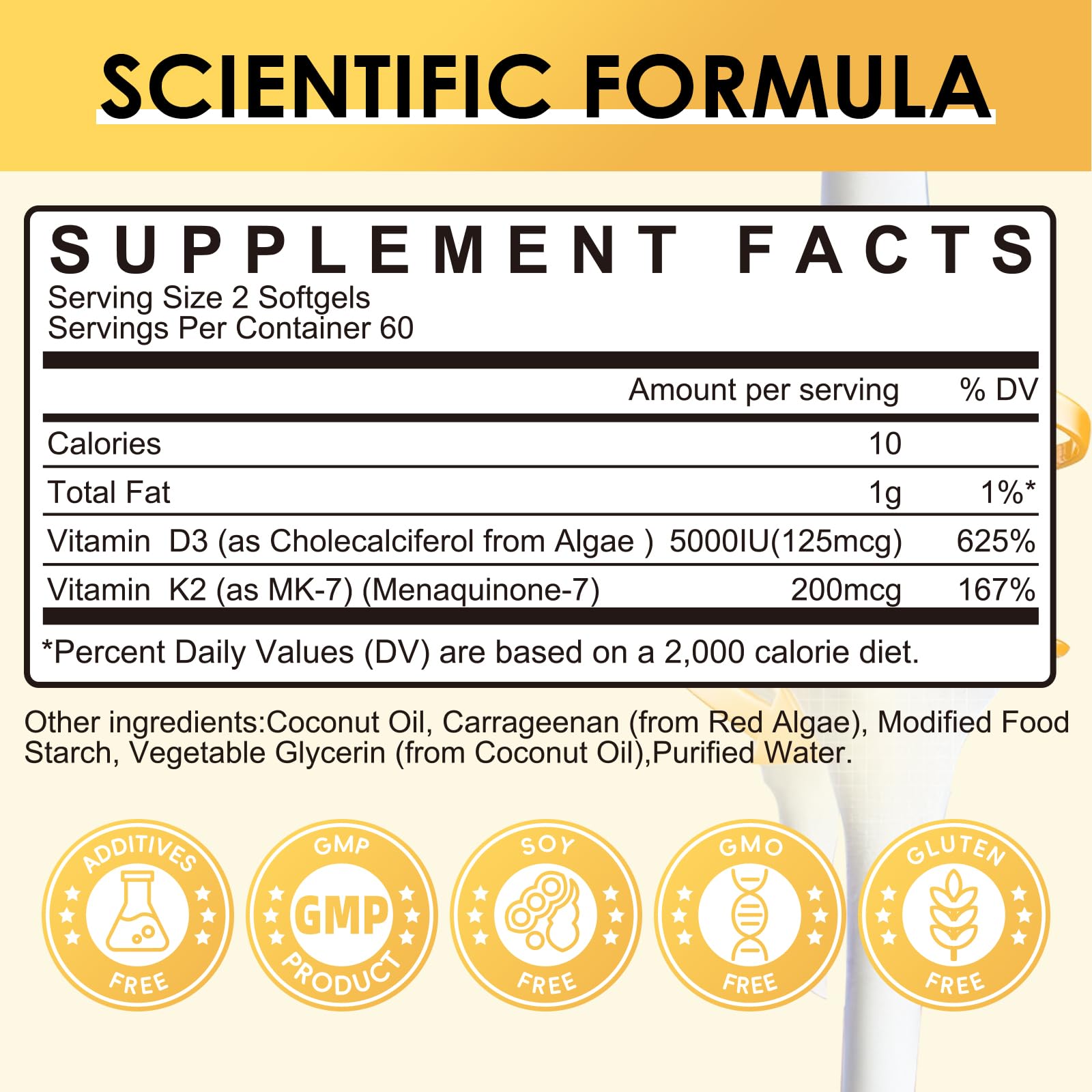 Vitamin D3 K2 Softgel Supplement 5000 IU Plant Based

