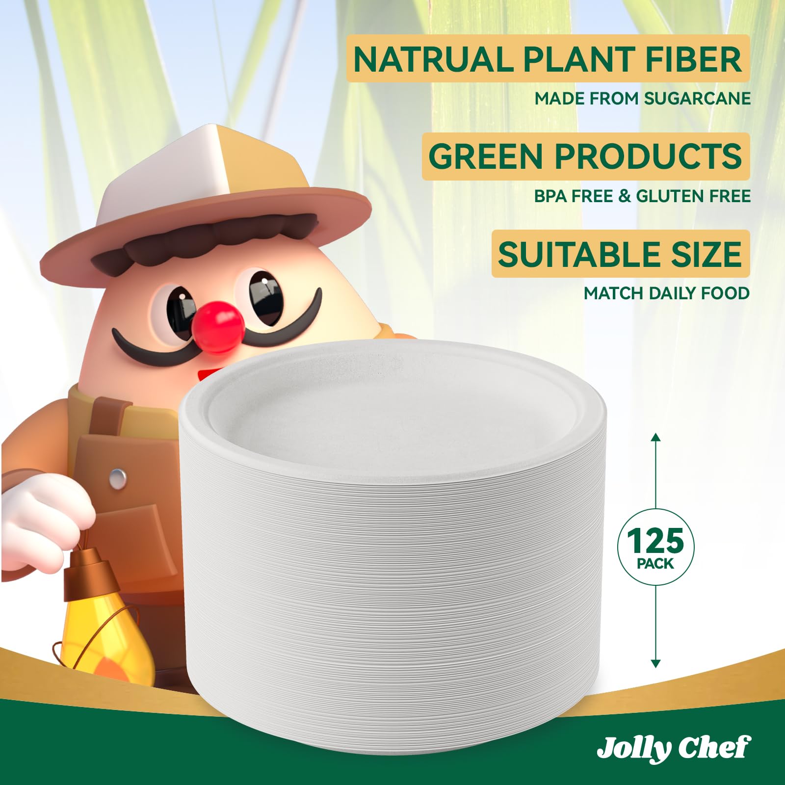 JOLLY CHEF Compostable Heavy-Duty Plates Sugarcane Fiber

