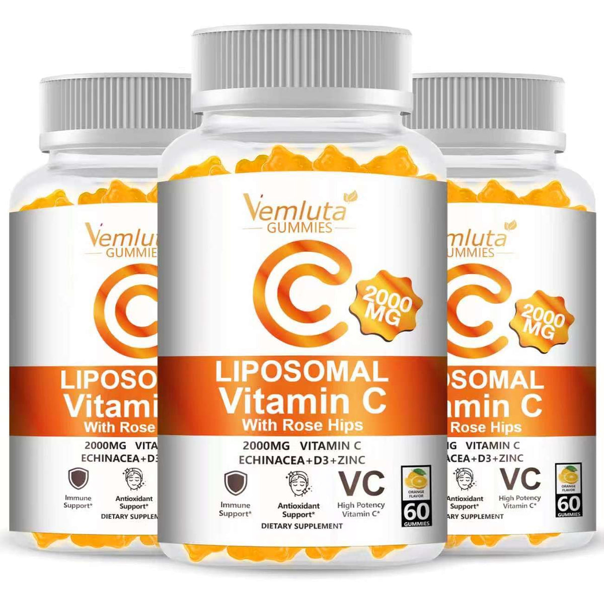 Vemluta Liposomal Vitamin C Gummies with D3 Immune Support Orange Flavor