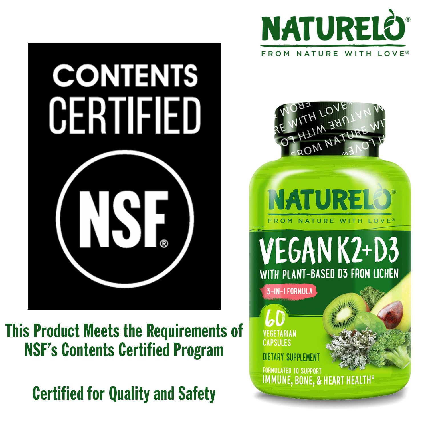 Naturelo Vitamin D3 K2 Vegan Supplement for Bone Health

