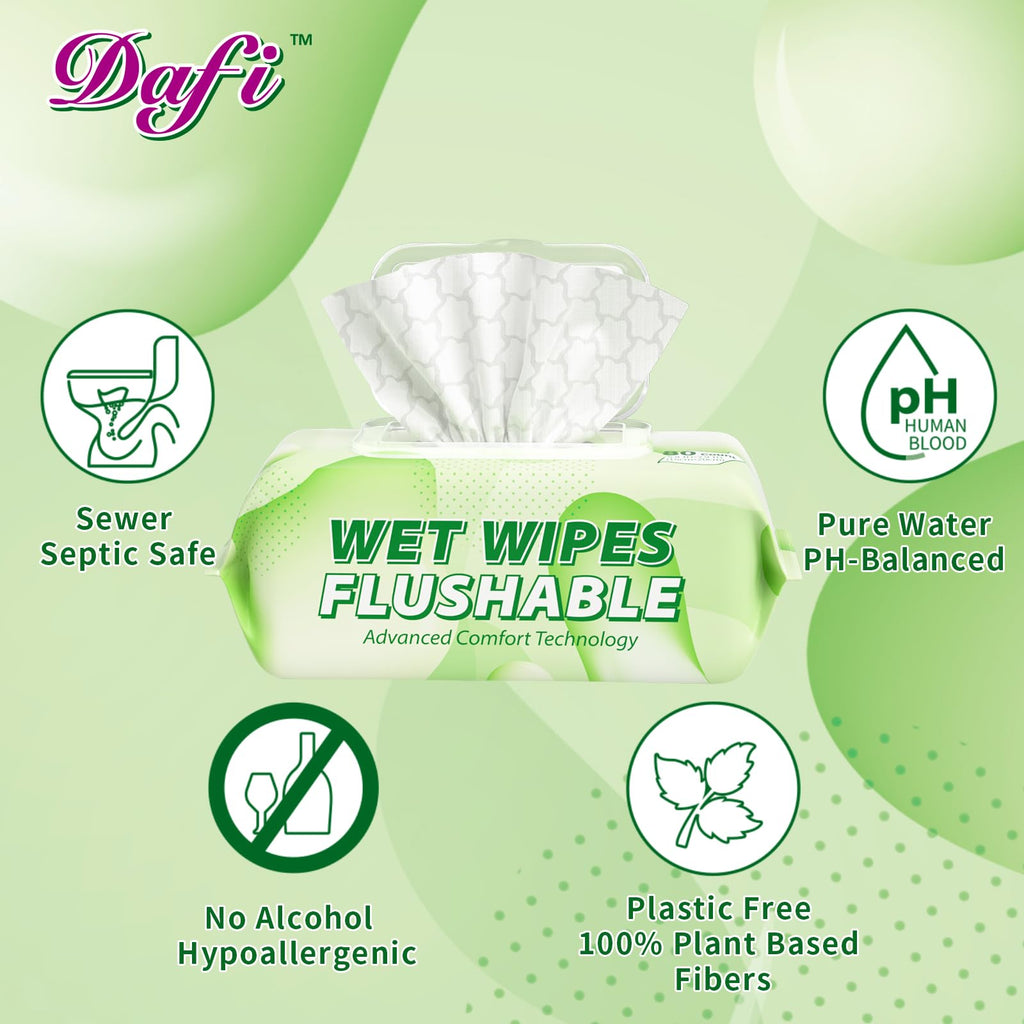 DAFI Flushable Wipes for Adults - Unscented Plant-Based

