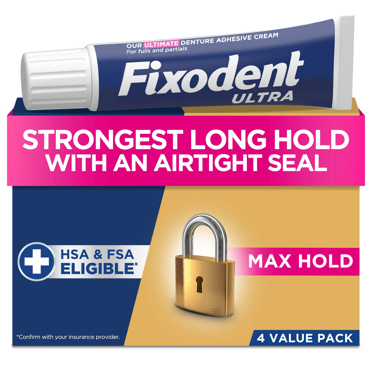 Fixodent Ultra Max Hold Denture Adhesive Cream for Full or Partial Plates