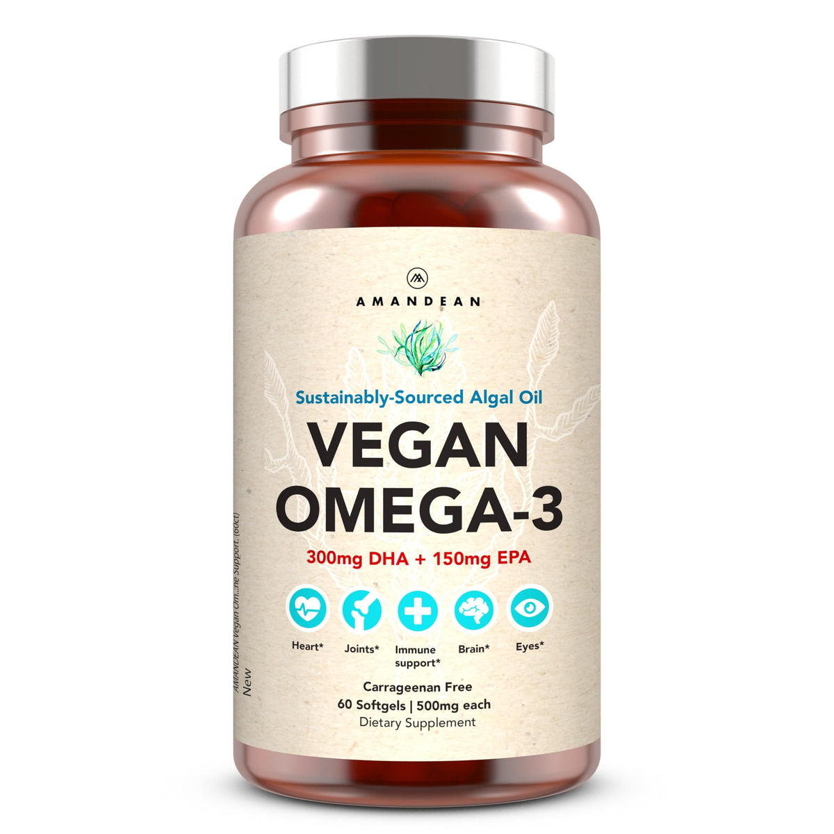 AMANDEAN Vegan Omega-3 Softgels with Algae DHA & EPA, Carrageenan-Free
