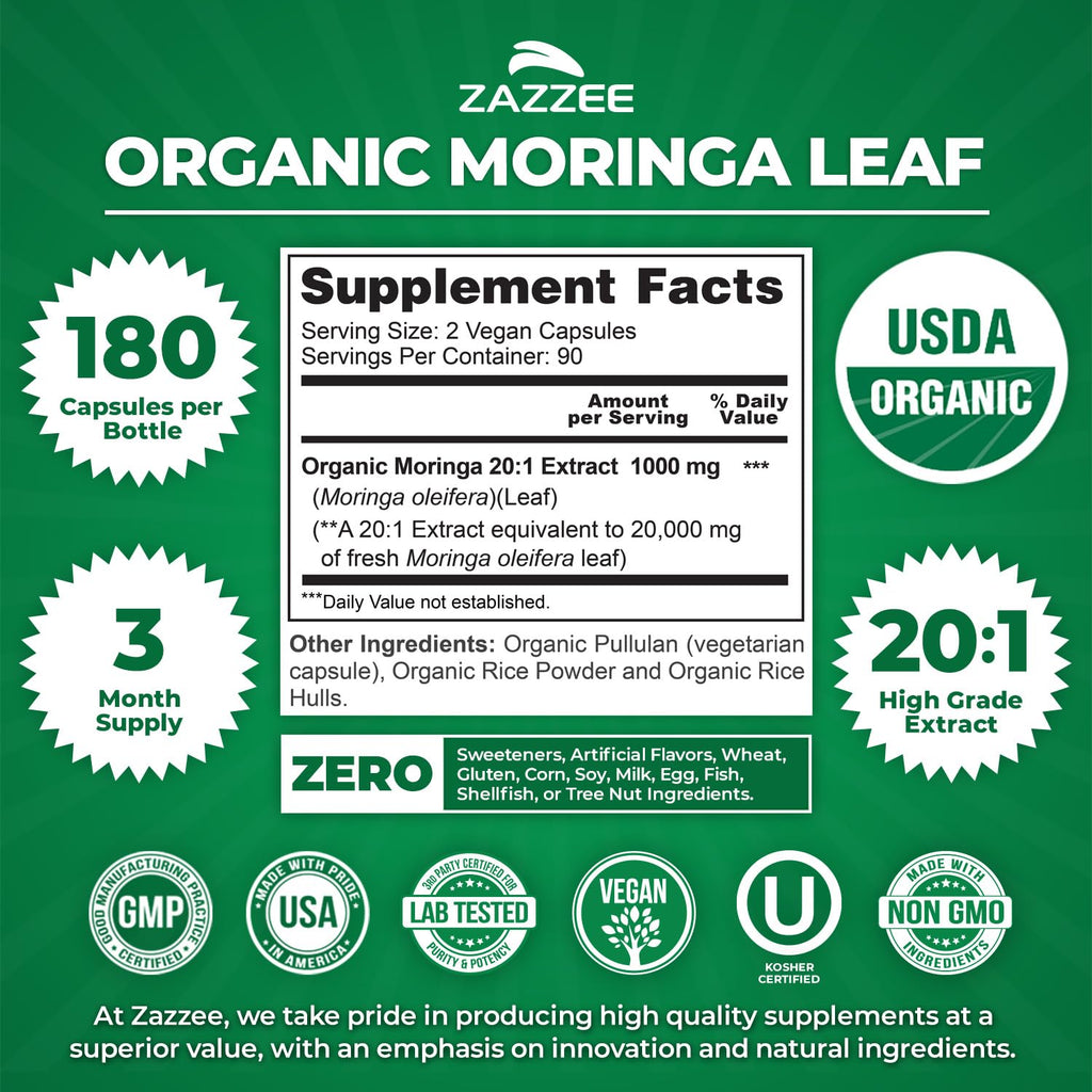 Zazzee USDA Organic Moringa Leaf Extract 20:1

