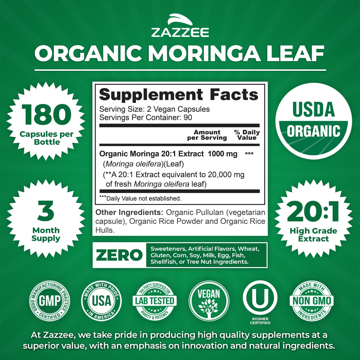 Zazzee USDA Organic Moringa Leaf Extract 20:1

