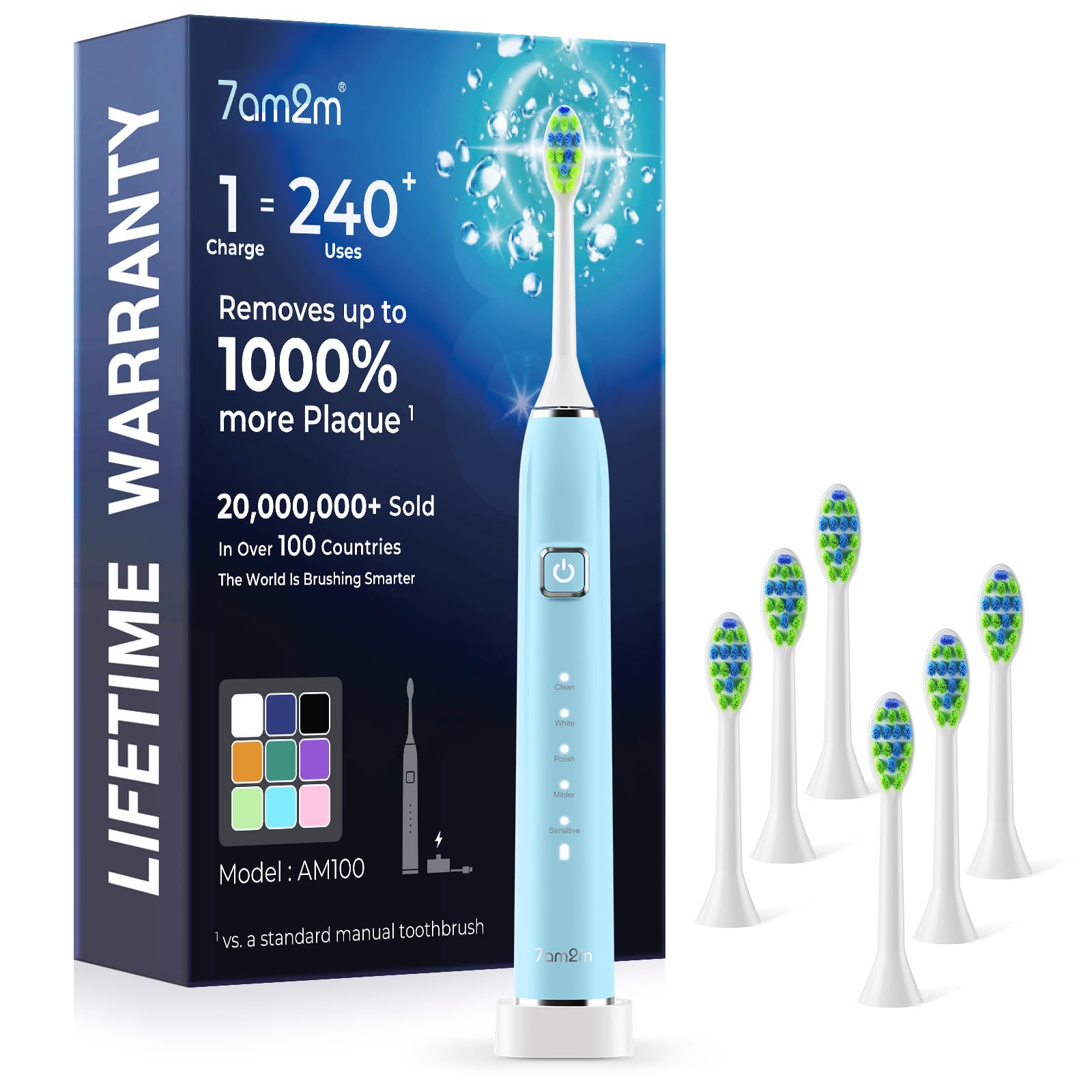 7AM2M Sonic Electric Toothbrush with 6 Brush Heads, 120-Day Battery, 5 Modes