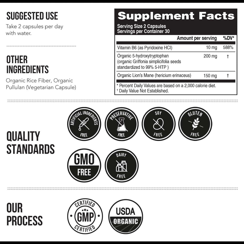 Organic 5-HTP Dietary Supplement with B6 & Lion’s Mane

