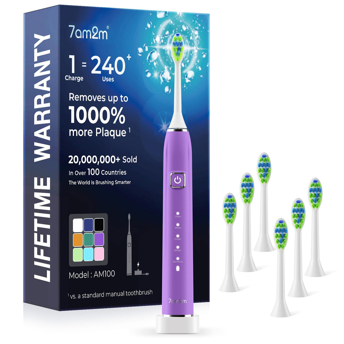 7AM2M Sonic Electric Toothbrush with 6 Brush Heads, 120-Day Battery, 5 Modes