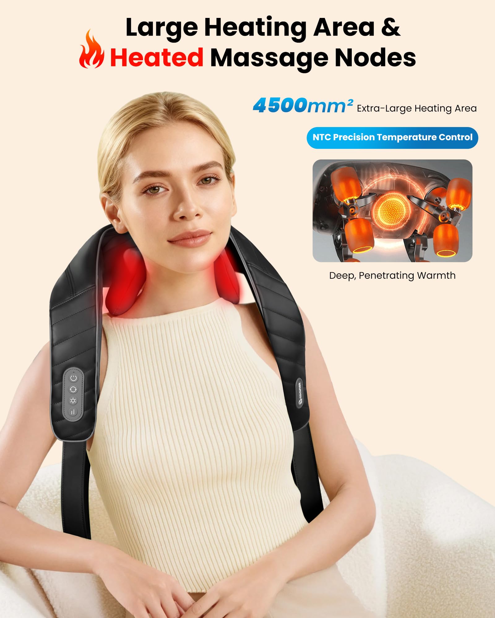 COMFIER Cordless Neck Massager with Heat — 4D Shiatsu

