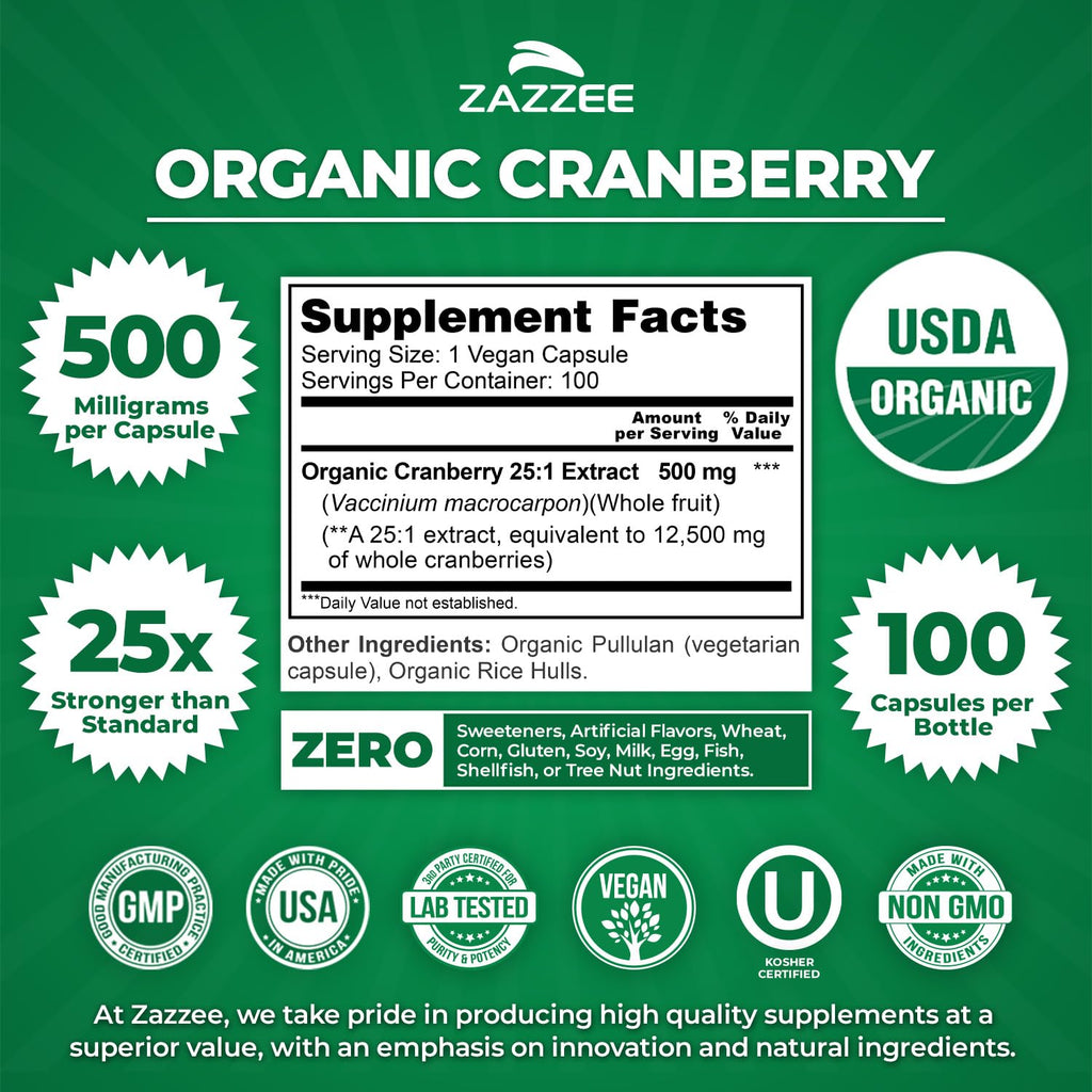 Zazzee USDA Organic Cranberry Extract 25:1, 500 mg Capsule

