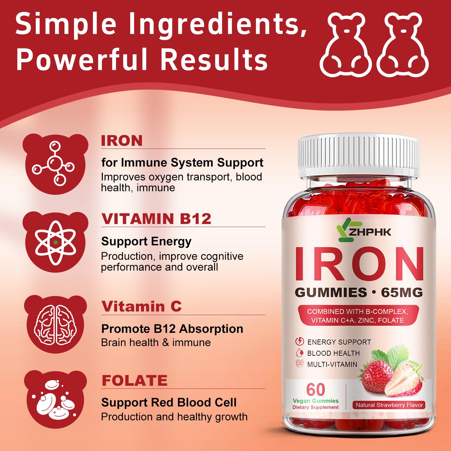 ZHPHK Iron Gummies – 65mg Iron with Folate, Gluten-Free

