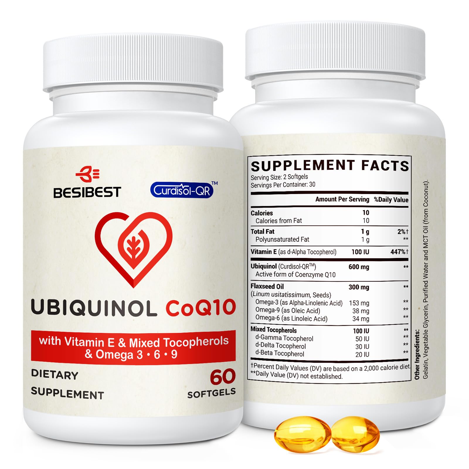 Besibest Ubiquinol CoQ10 600mg Softgels with Vitamin E
