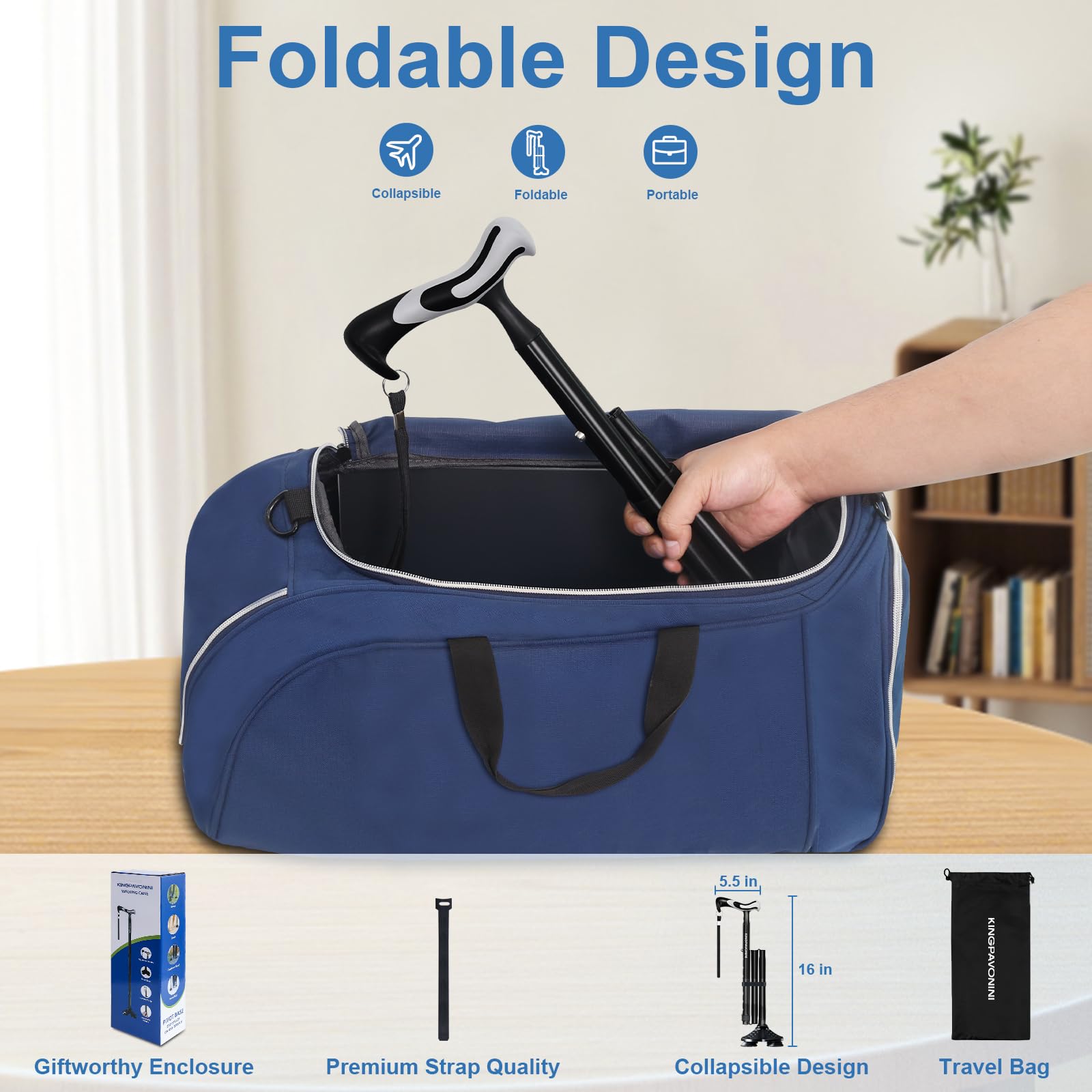KingPavonini Folding Walking Cane Quad Base 350 lb Capacity


