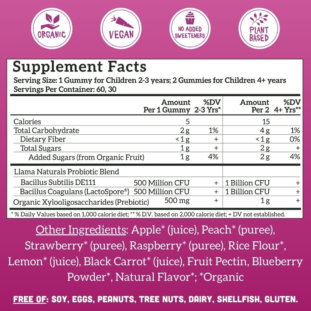 Llama Naturals Kids Probiotic Gummies with Prebiotic Fiber

