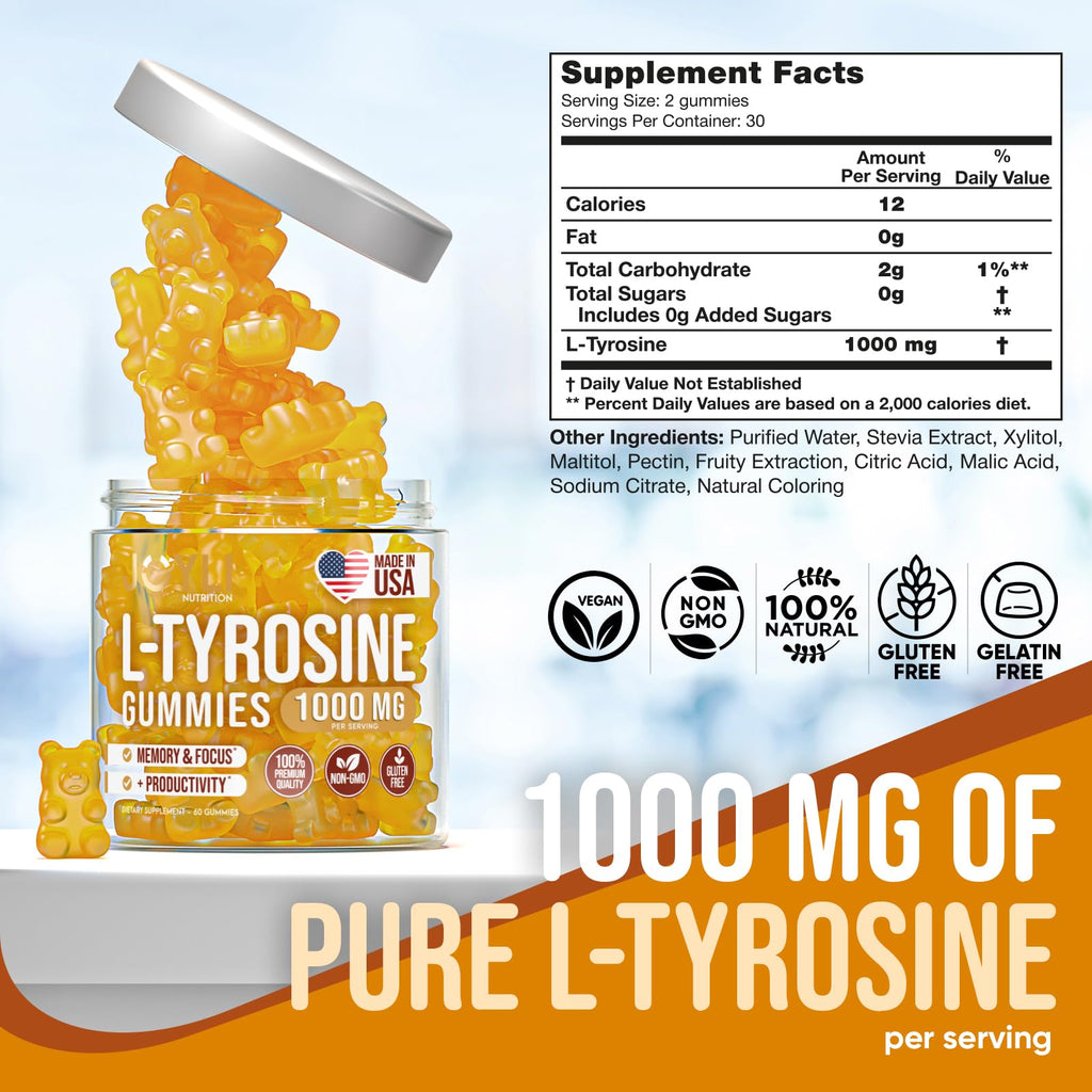 Joyli L Tyrosine Gummies 1000mg - Vegan Gluten-Free Focus

