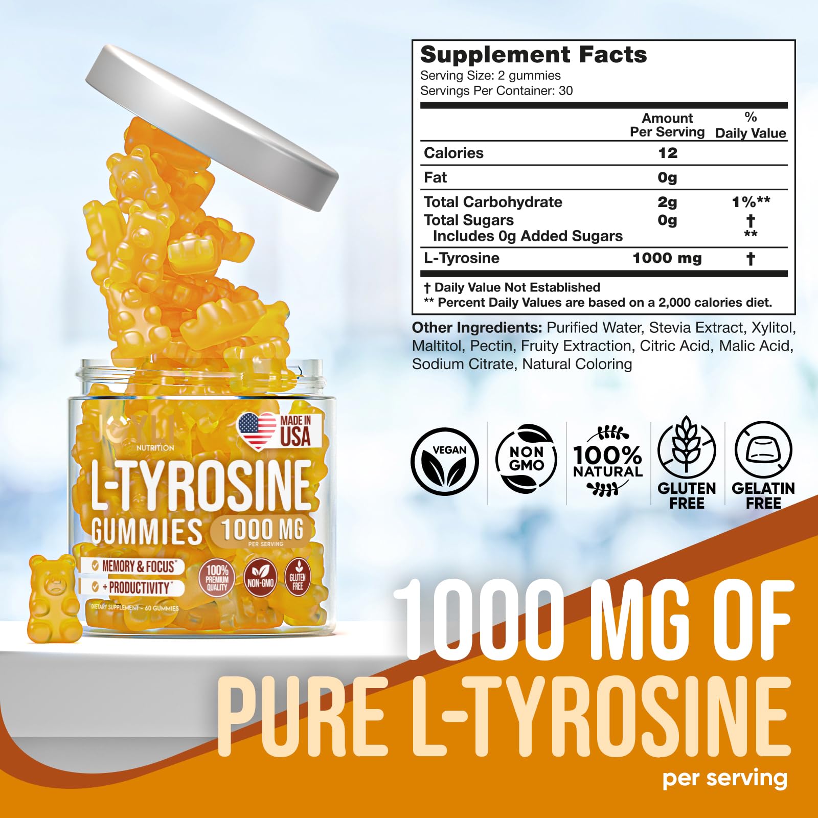 Joyli L Tyrosine Gummies 1000mg - Vegan Gluten-Free Focus

