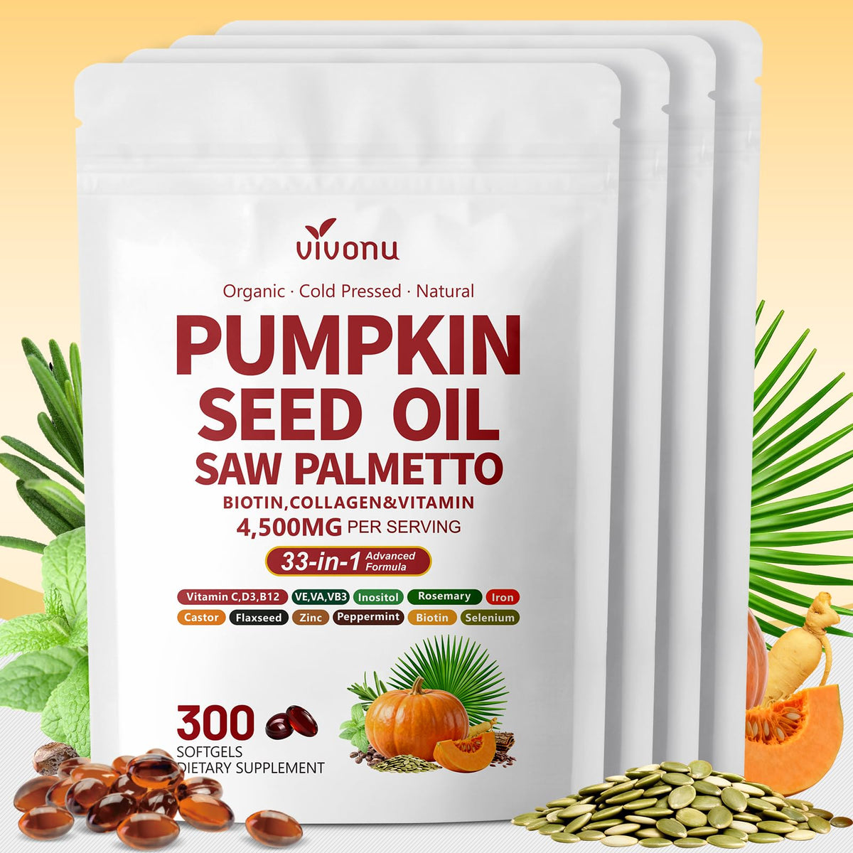 VivoNu Pumpkin Seed Oil with Saw Palmetto Hair Growth Capsules