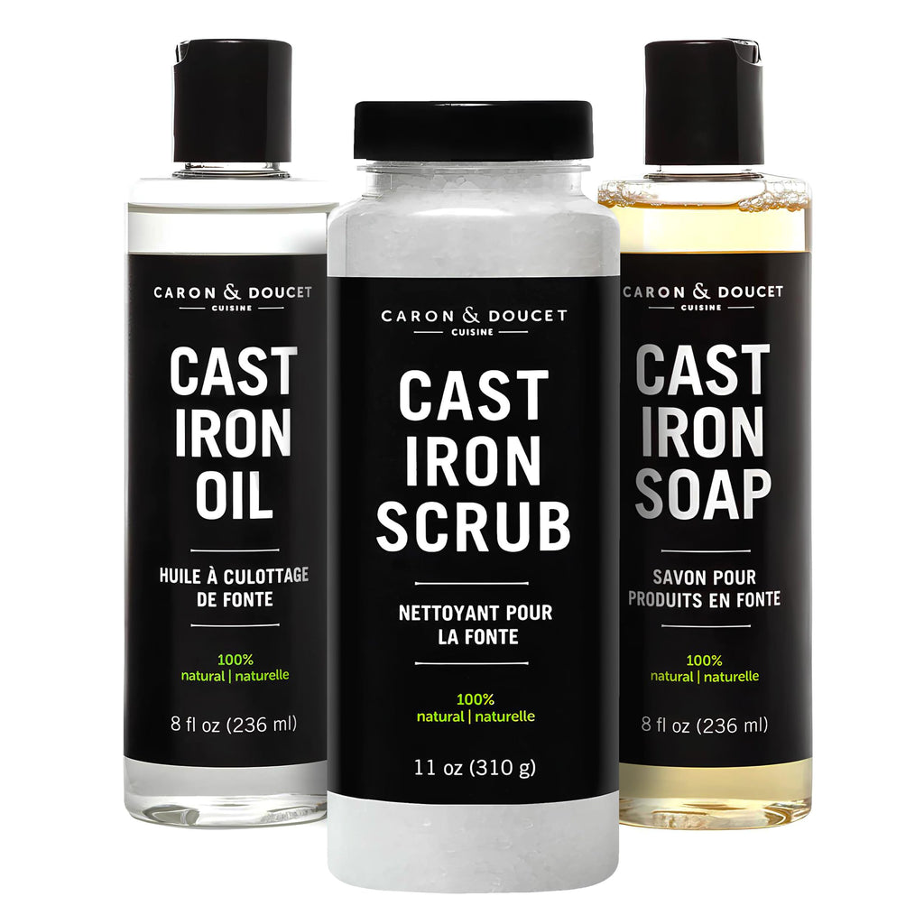 Caron & Doucet Cast Iron Care Set: Seasoning Oil, Soap & Restoring Scrub