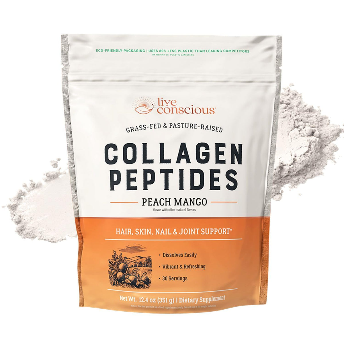 Live Conscious Collagen Peptides Powder – Hydrolyzed Type I & III, Grass-Fed