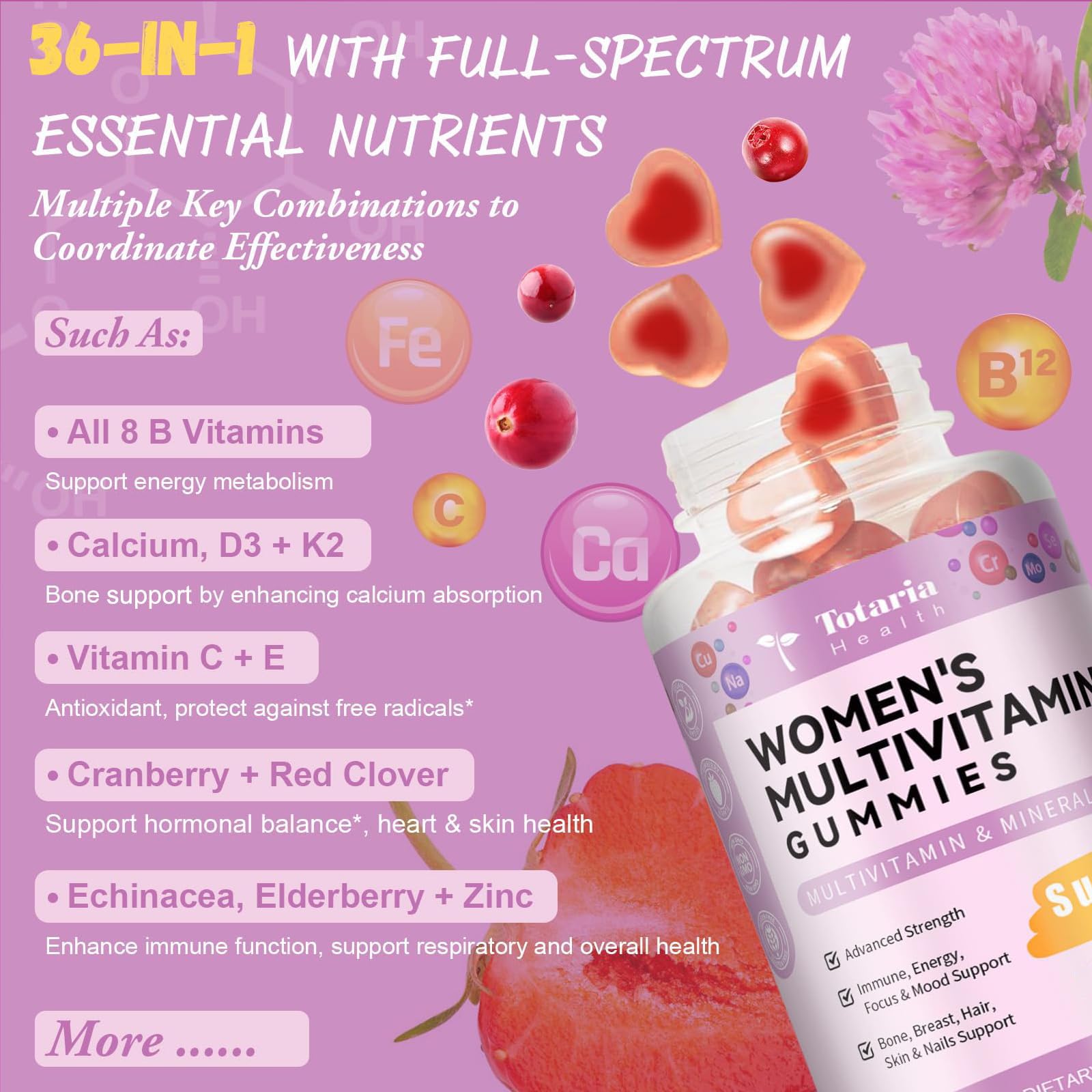 Totaria Sugar Free Multivitamin Gummies for Women 14+ with Iron, Biotin & Vitamins A, C, D3, K2

