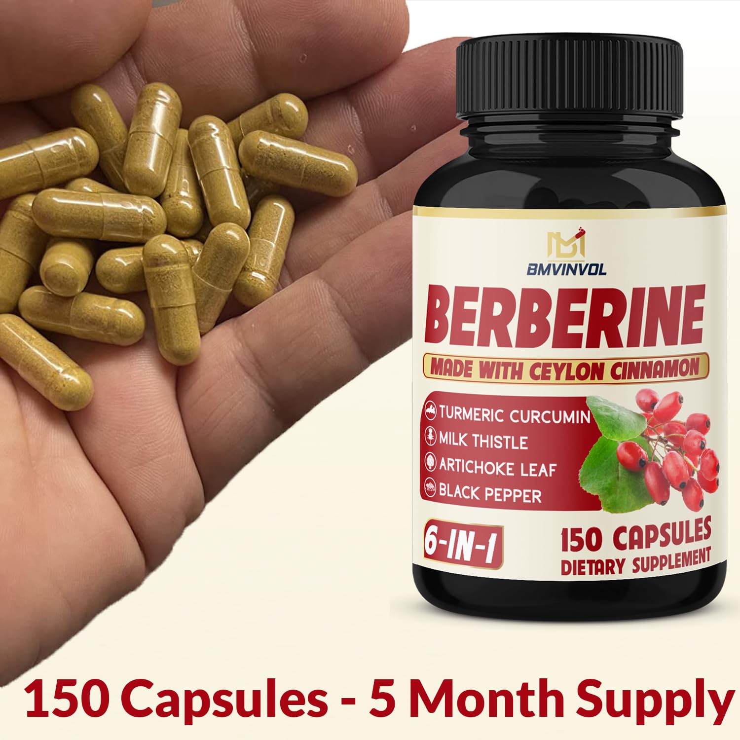 BMVINVOL Berberine Capsules with Cinnamon Turmeric

