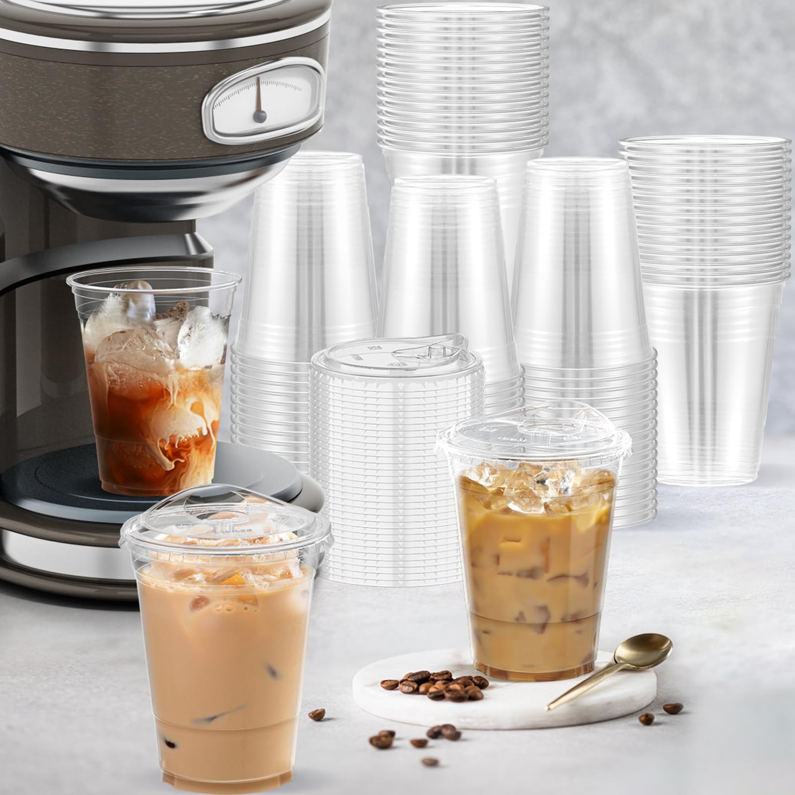 Dealusy Clear Plastic Cups with Lids | 100 Cups and Lids

