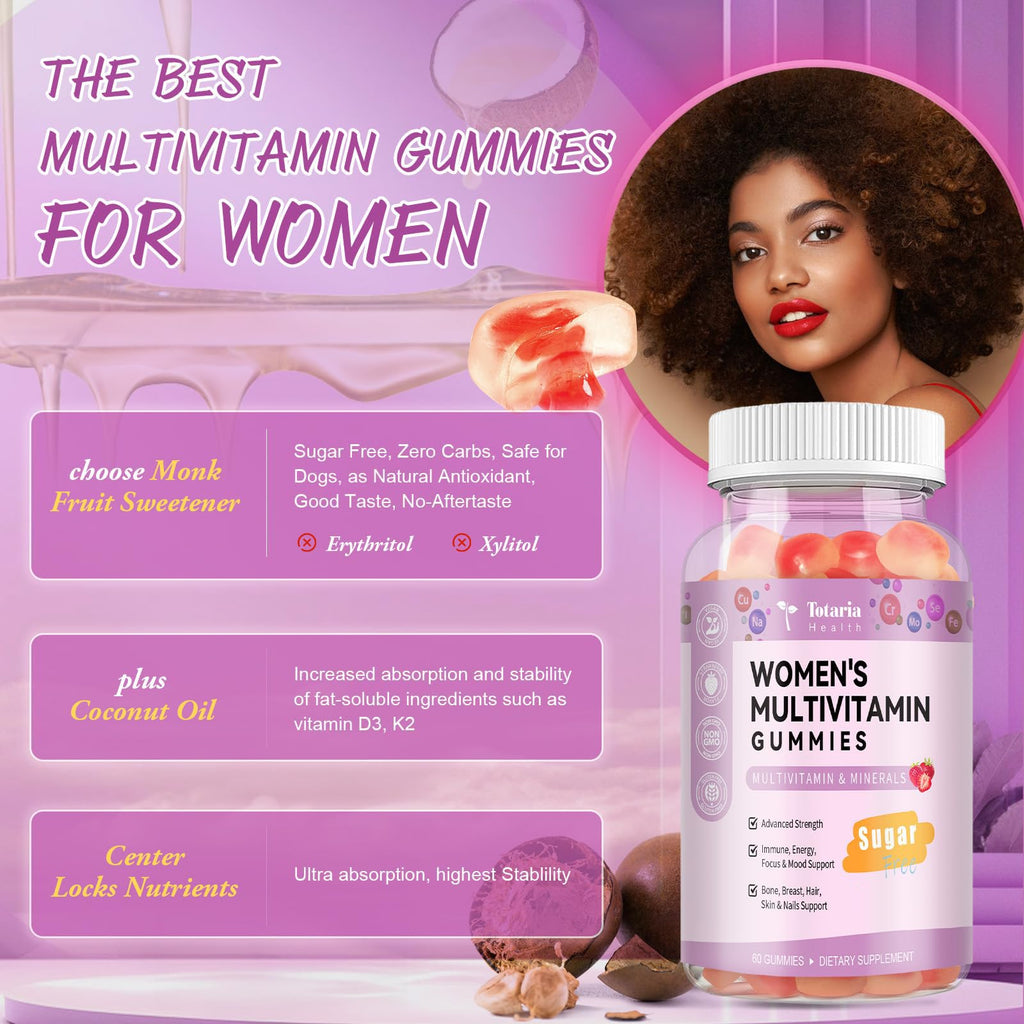 Totaria Sugar Free Multivitamin Gummies for Women 14+ with Iron, Biotin & Vitamins A, C, D3, K2

