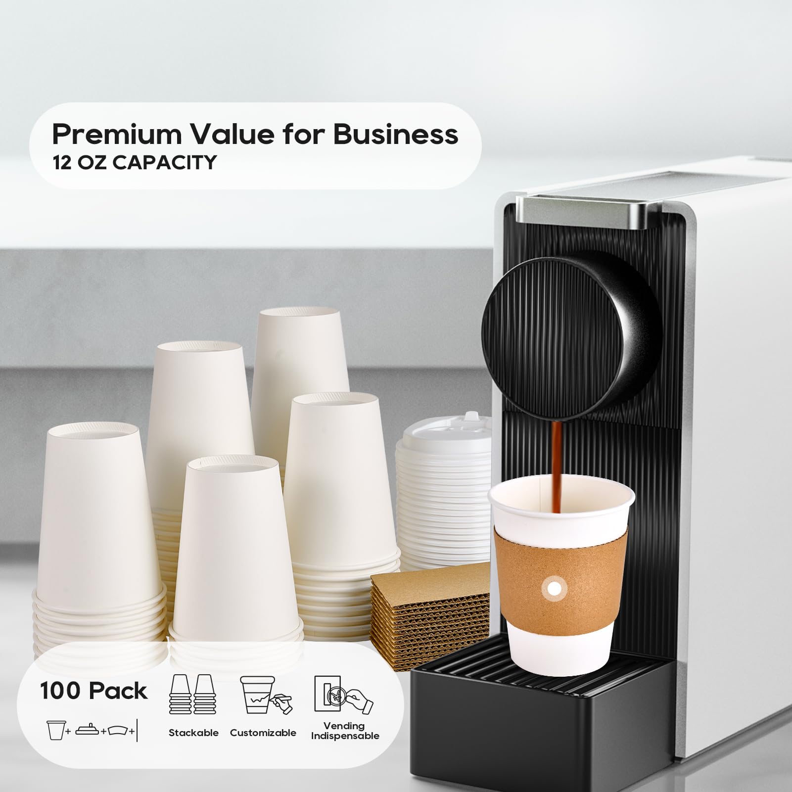 Disposable Paper Cups with Lids, Sleeves & Stirrers

