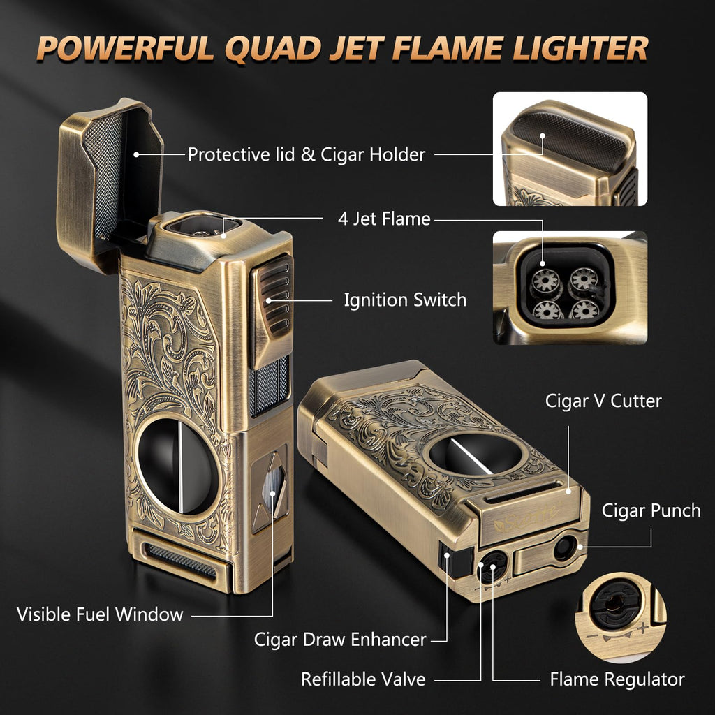 Quad Jet Flame Torch Lighter with Cutter and Punch

