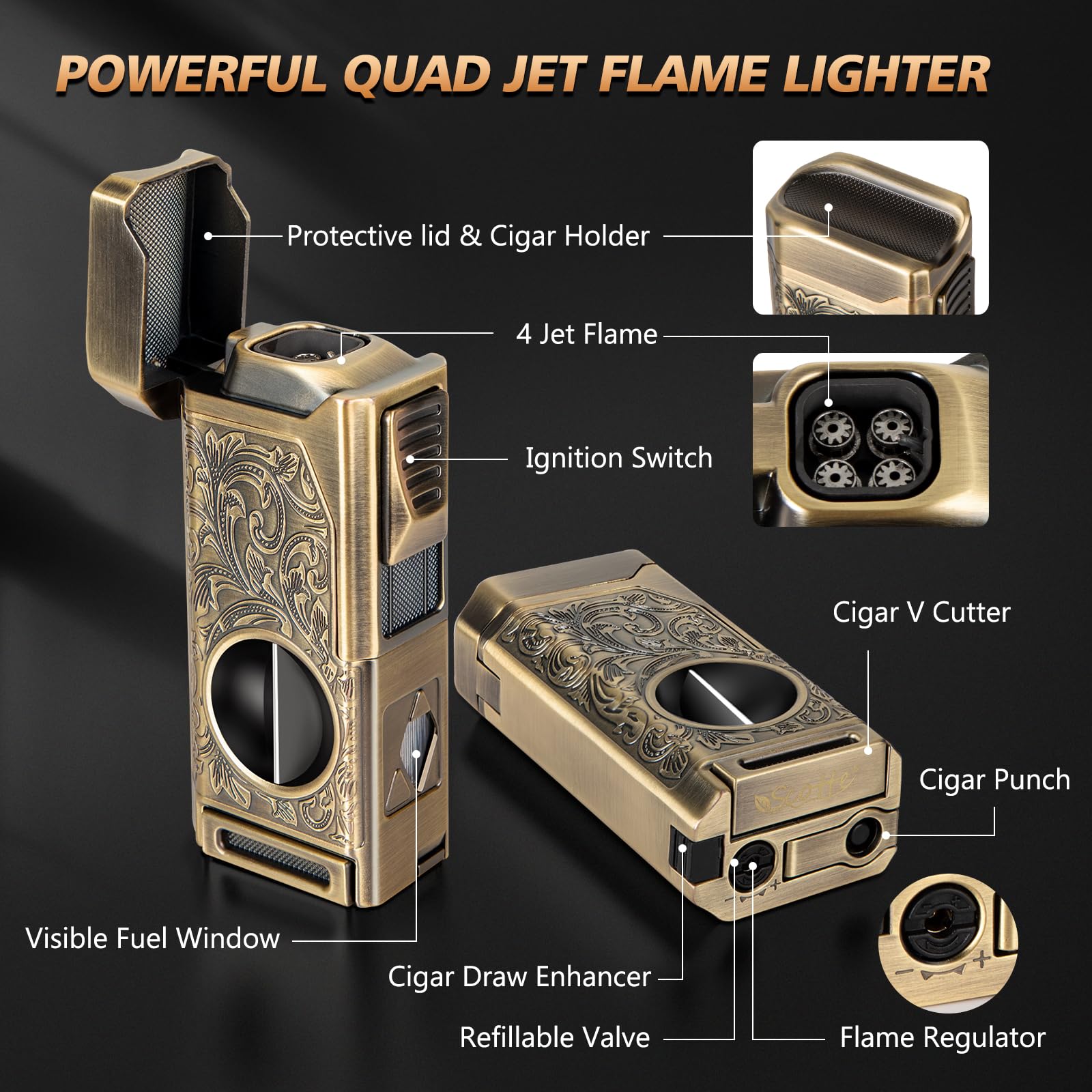 Quad Jet Flame Torch Lighter with Cutter and Punch

