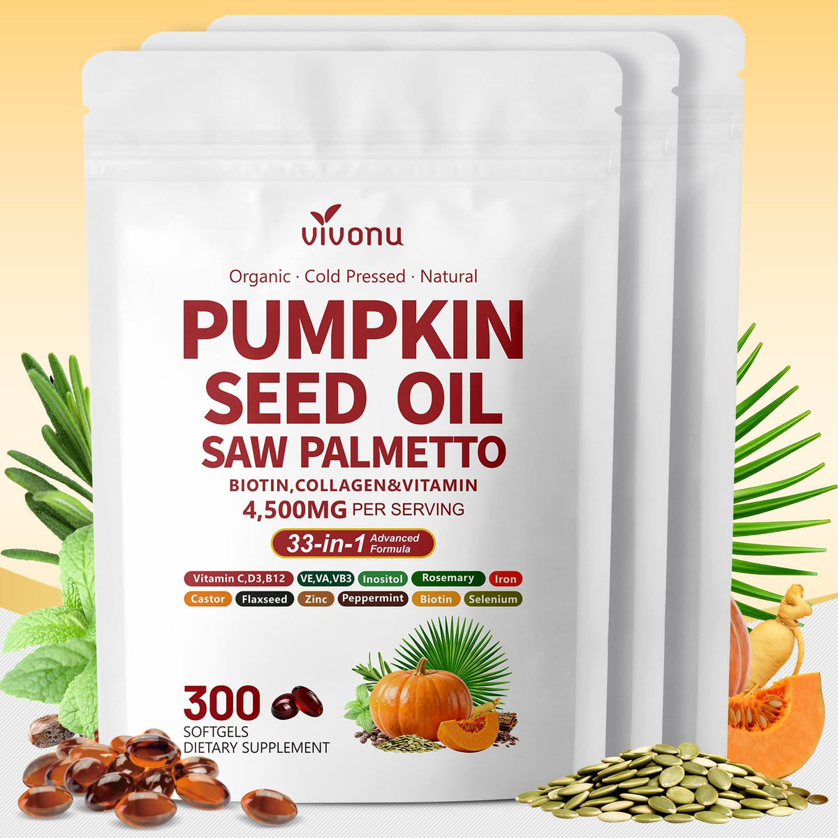 VivoNu Pumpkin Seed Oil with Saw Palmetto Hair Growth Capsules