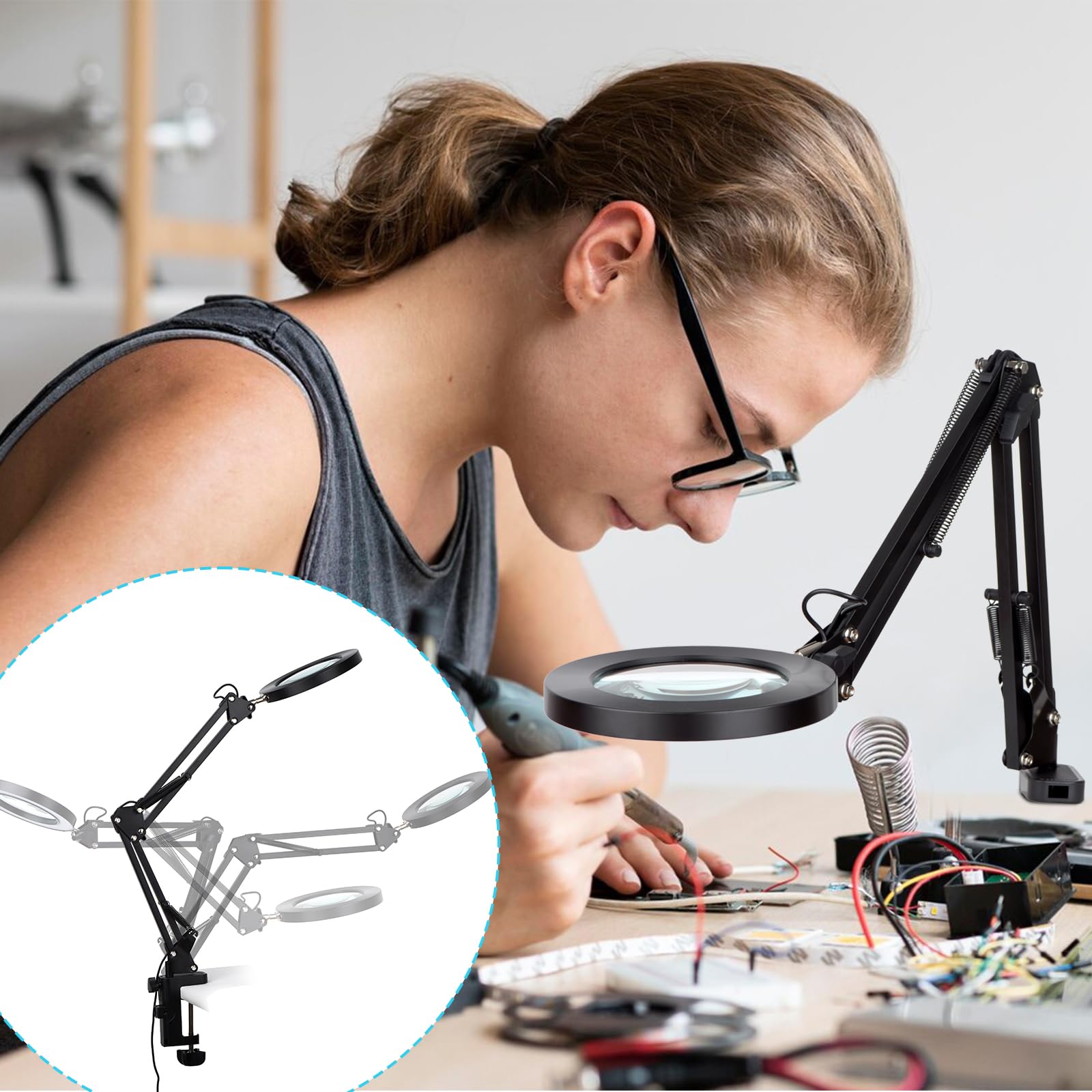 LED Magnifier Desk Lamp with 5-Dopter Lens - 3 Color Modes

