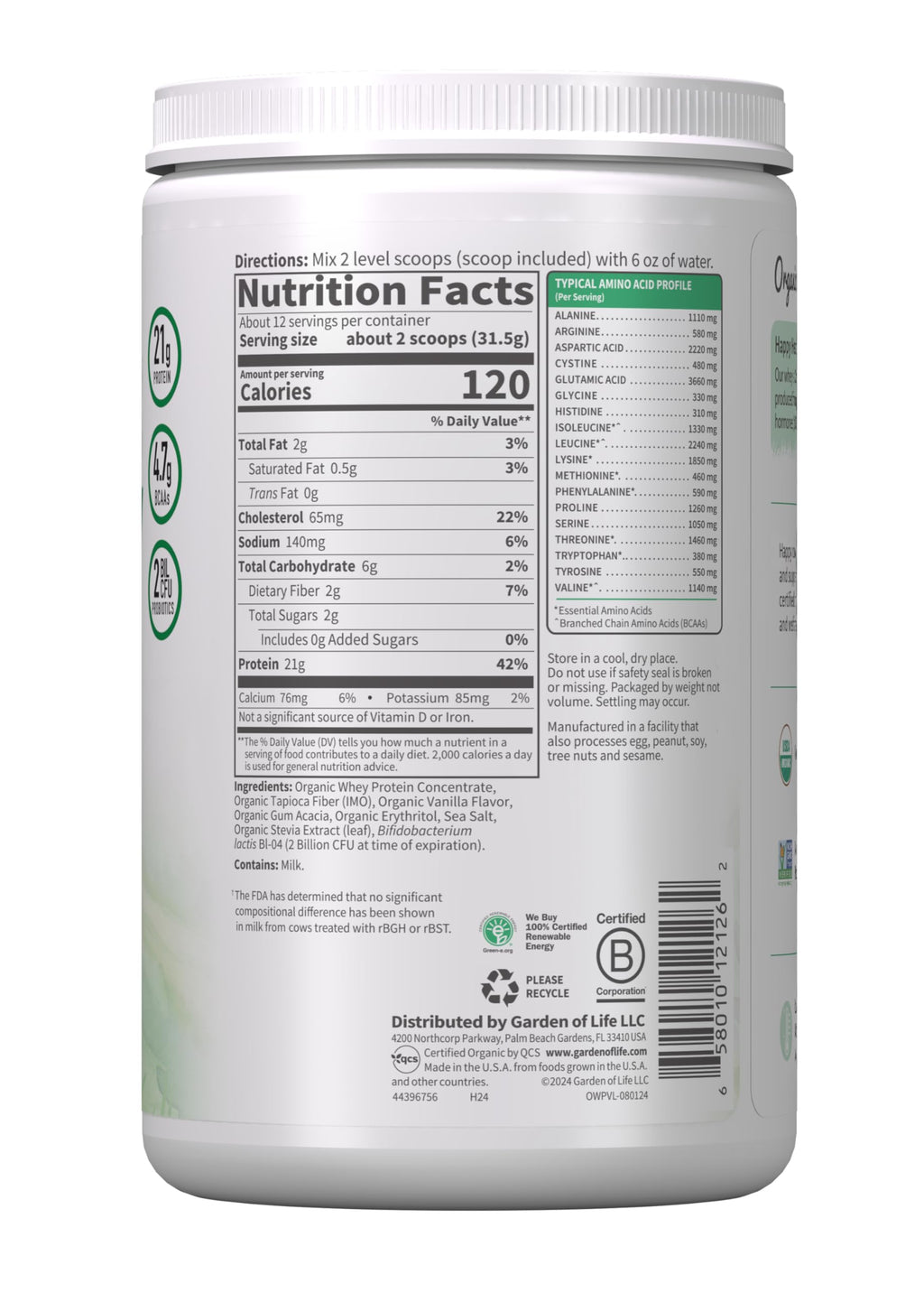 Garden of Life Grass Fed Whey Protein Powder with Probiotics

