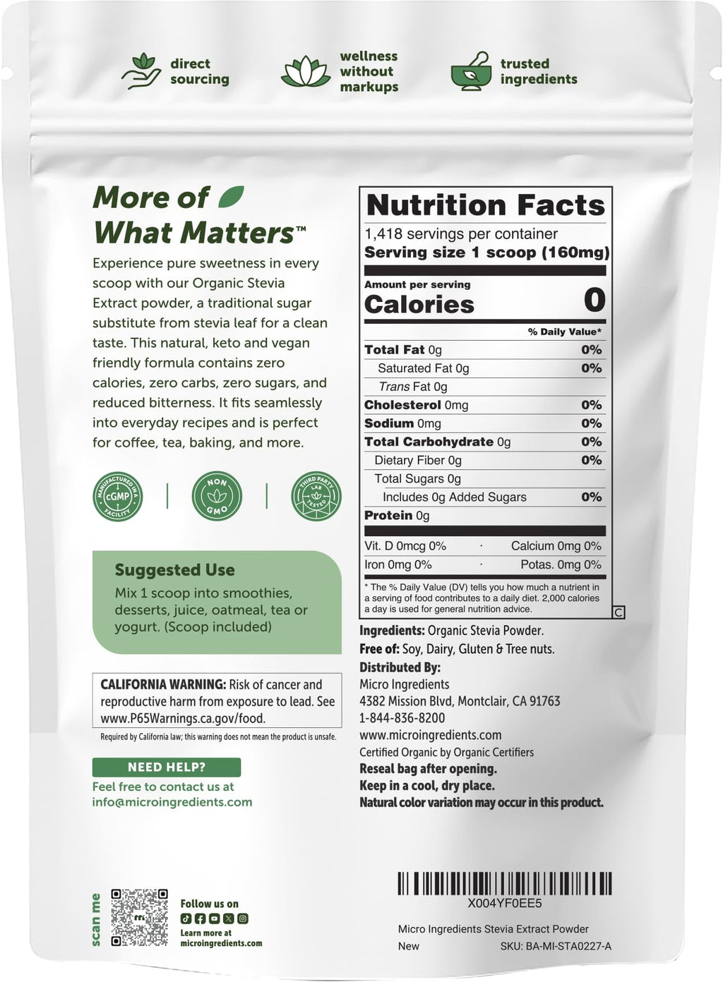 Micro Ingredients Stevia Extract Powder Organic Sugar-Free

