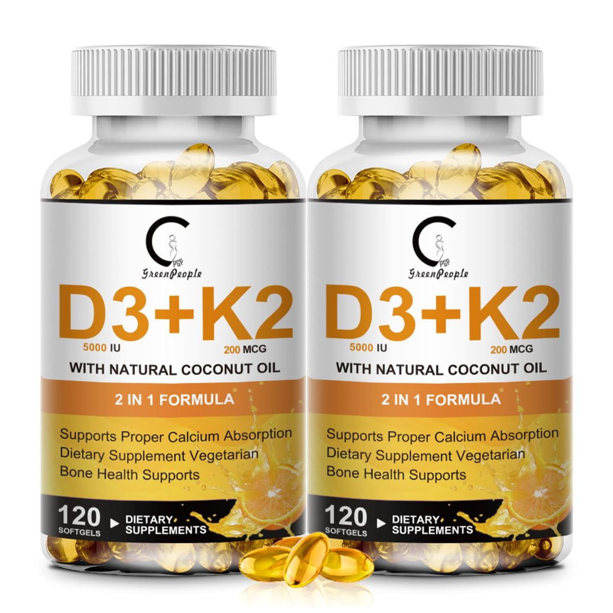 Vitamin D3 K2 Softgel Supplement with 5000 IU D3 and MK-7 K2 Plant-Based