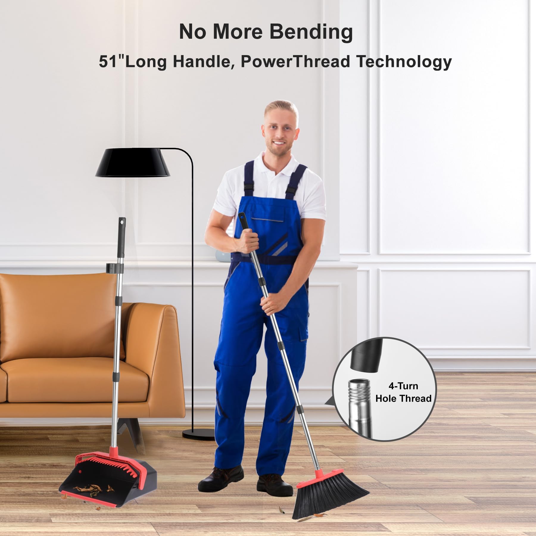 Tiumso Broom with Dustpan Set – Self-Cleaning Teeth

