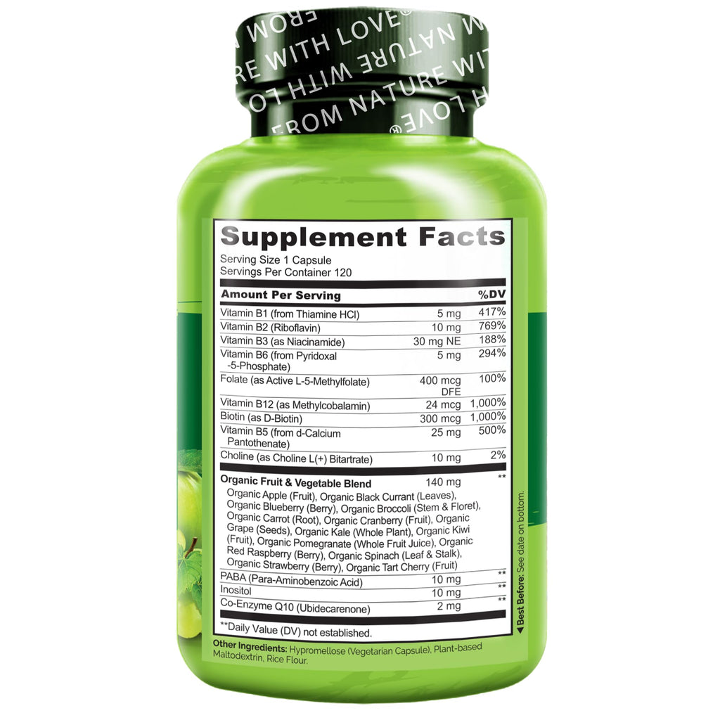 NATURELO Vitamin B Complex - Vegan CoQ10 & Methyl Folate

