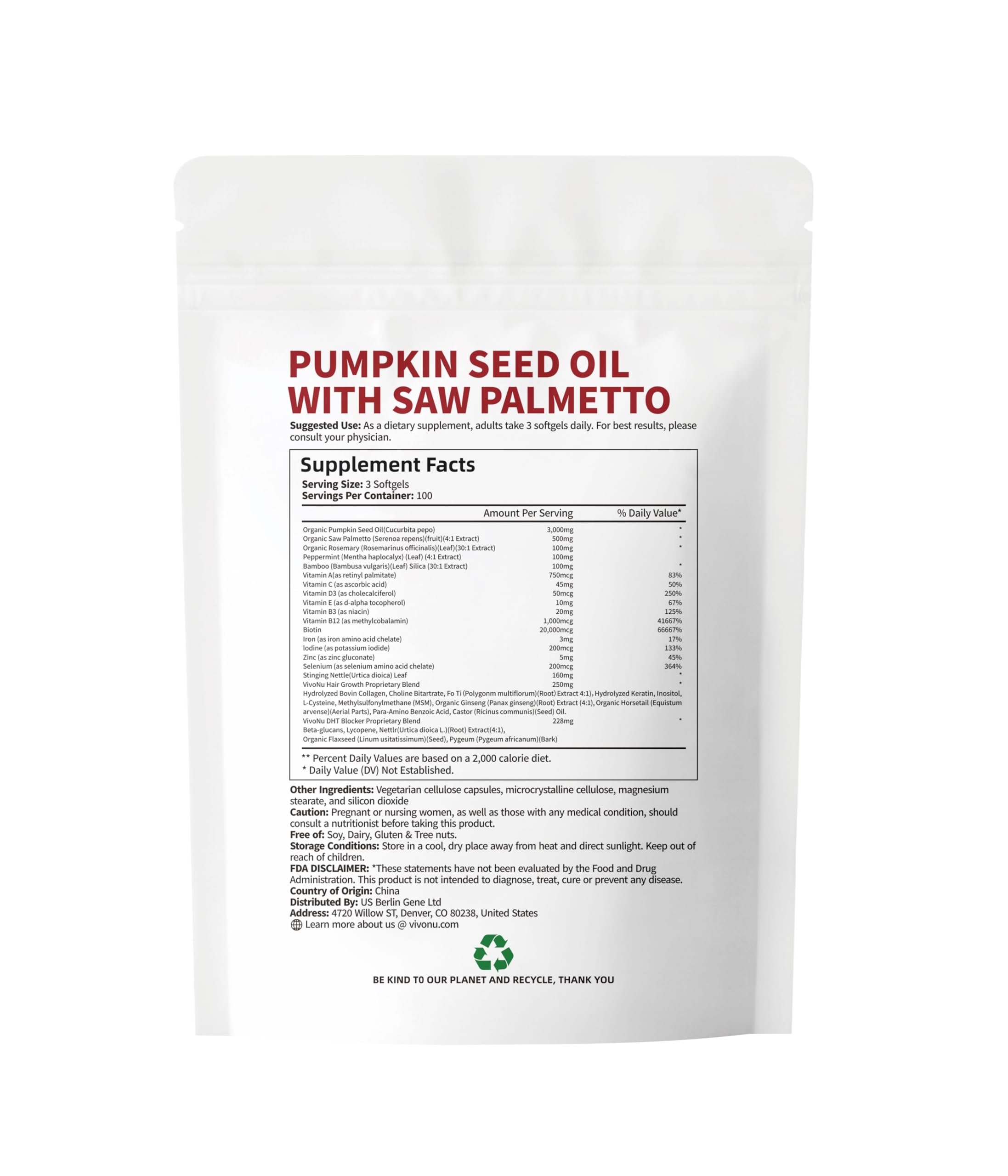 VivoNu Pumpkin Seed Oil with Saw Palmetto Hair Growth


