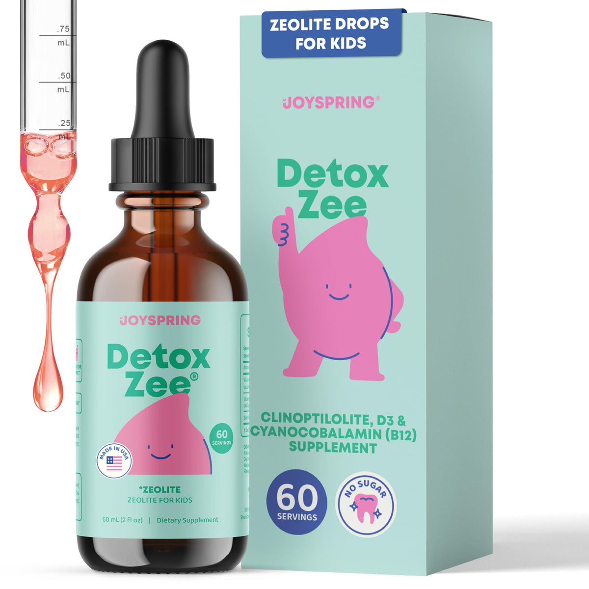 JoySpring DetoxZee Zeolite Drops for Kids - Clinoptilolite, Vitamin D3 & B12, Mild Berry Flavor