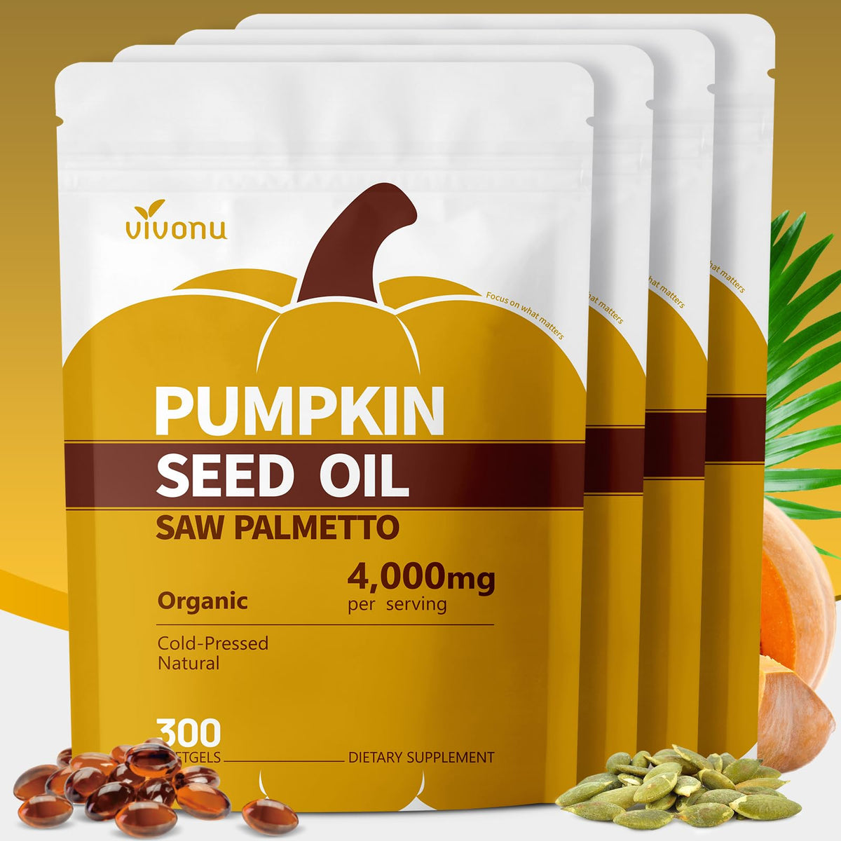 VivoNu Pumpkin Seed Oil with Saw Palmetto Capsules – Organic Cold-Pressed Prostate & Hair Support