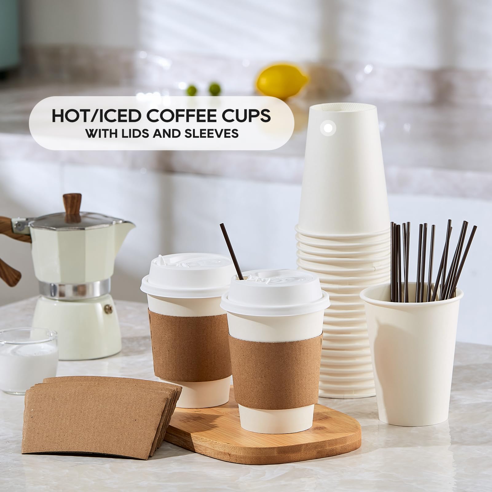 Disposable Paper Cups with Lids, Sleeves & Stirrers

