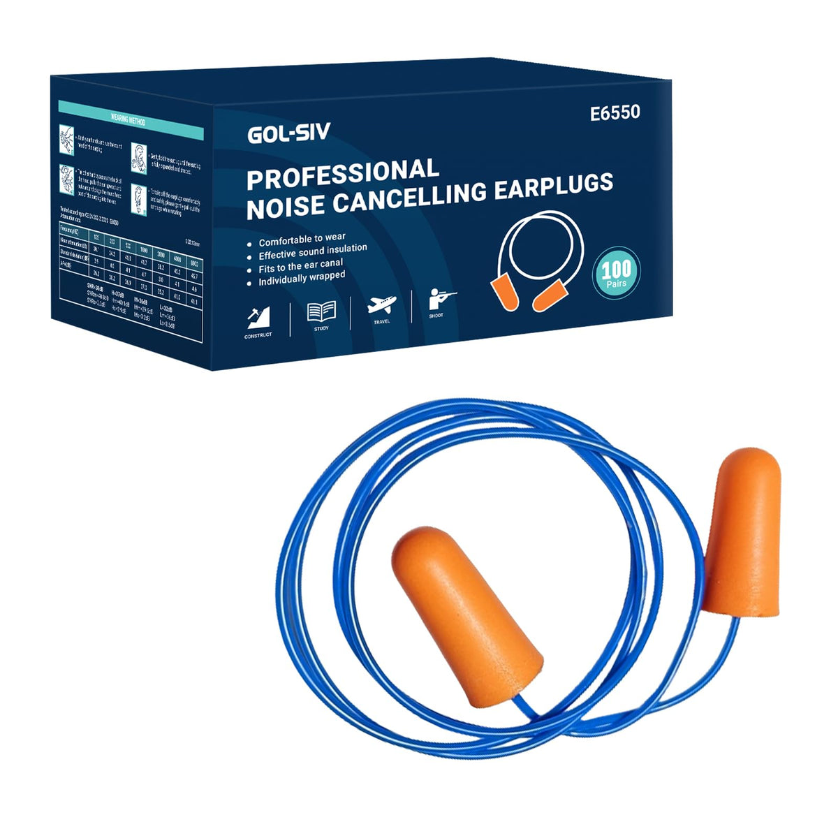 GOL-SIV Foam Ear Plugs with Cord - Individually Wrapped Hearing Protection