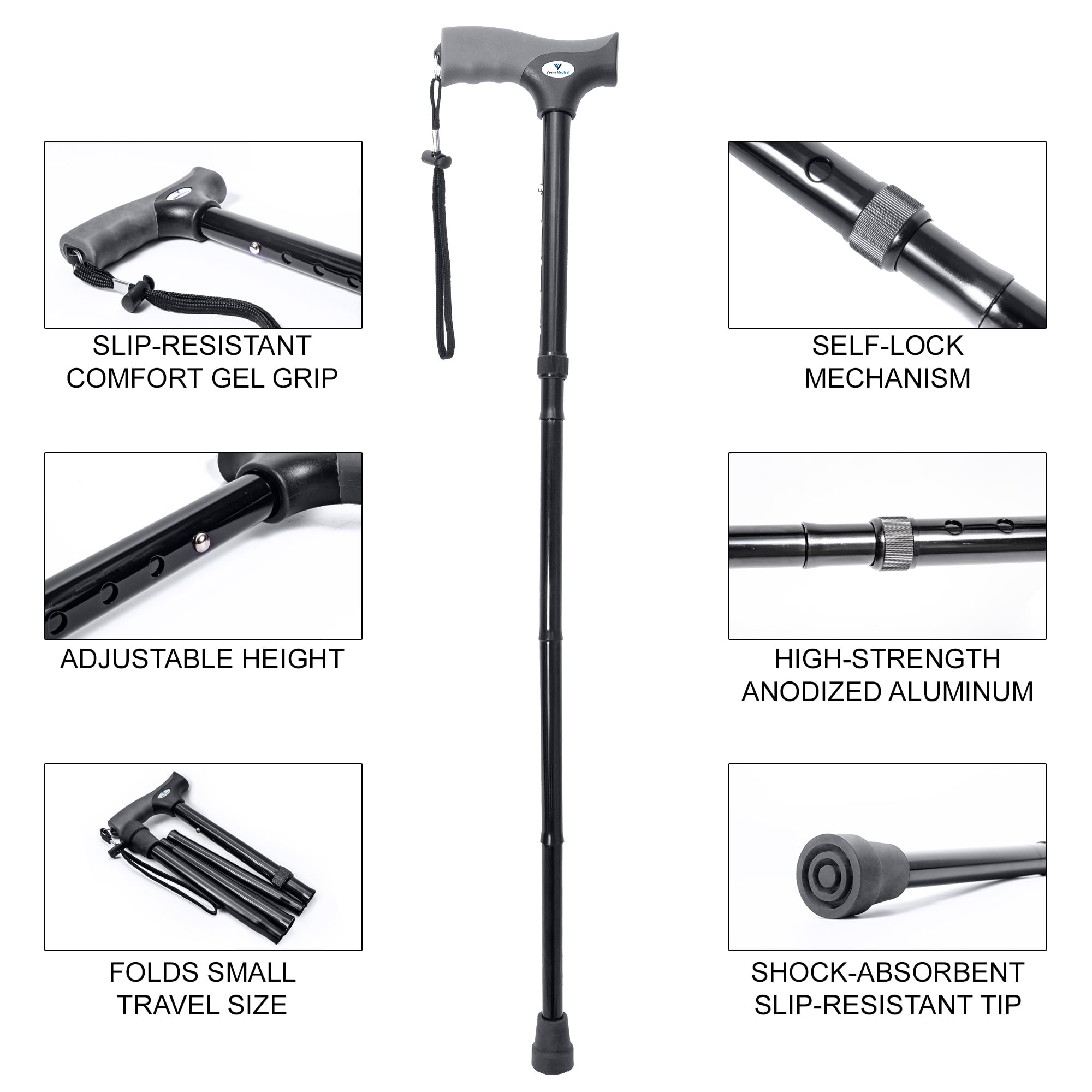 Vaunn Medical Folding Cane with Self-Locking Mechanism

